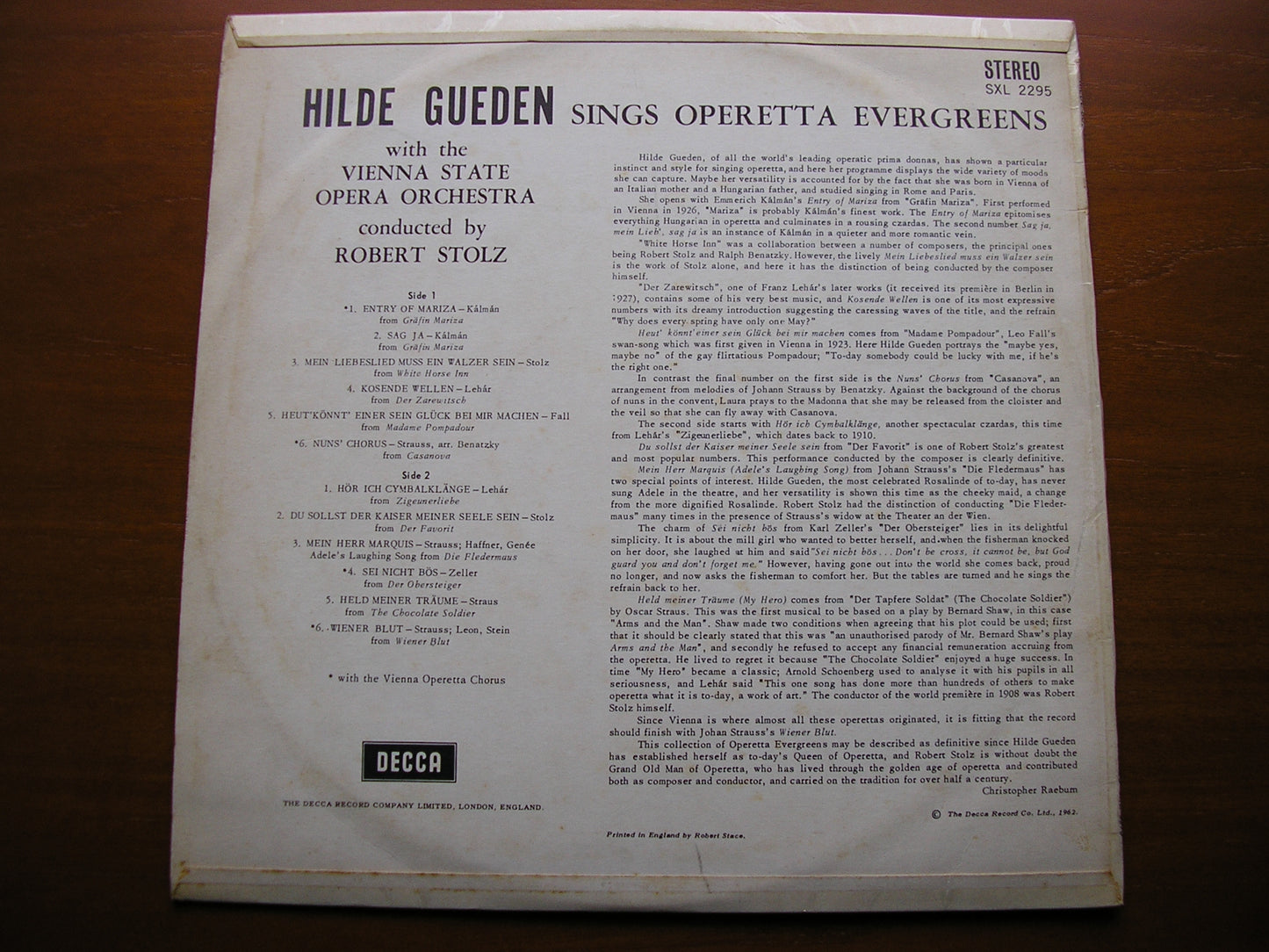 OPERETTA EVERGREENS: LEHAR / STRAUSS / FALL / STOLZ / ZELLER     HILDE GUEDEN / VSOO / STOLZ   SXL 2295