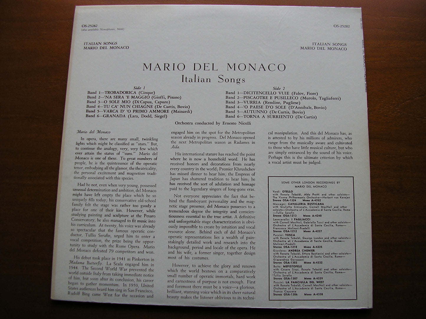 MARIO DEL MONACO SINGS ITALIAN SONGS    OS 25282