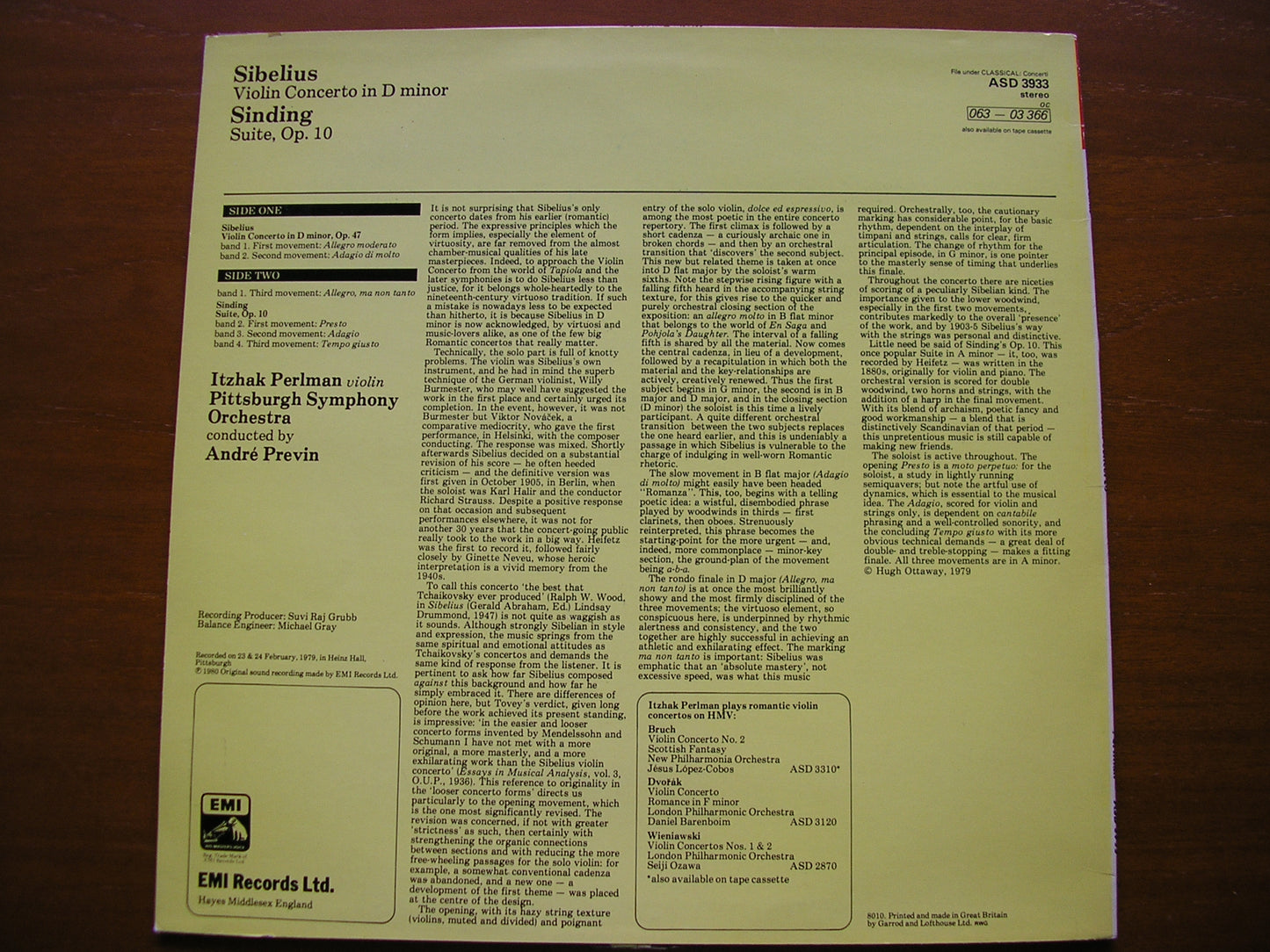 SIBELIUS: VIOLIN CONCERTO / SINDING: SUITE FOR VIOLIN & ORCHESTRA   PERLMAN / PITTSBURGH SYMPHONY / PREVIN   ASD 3933
