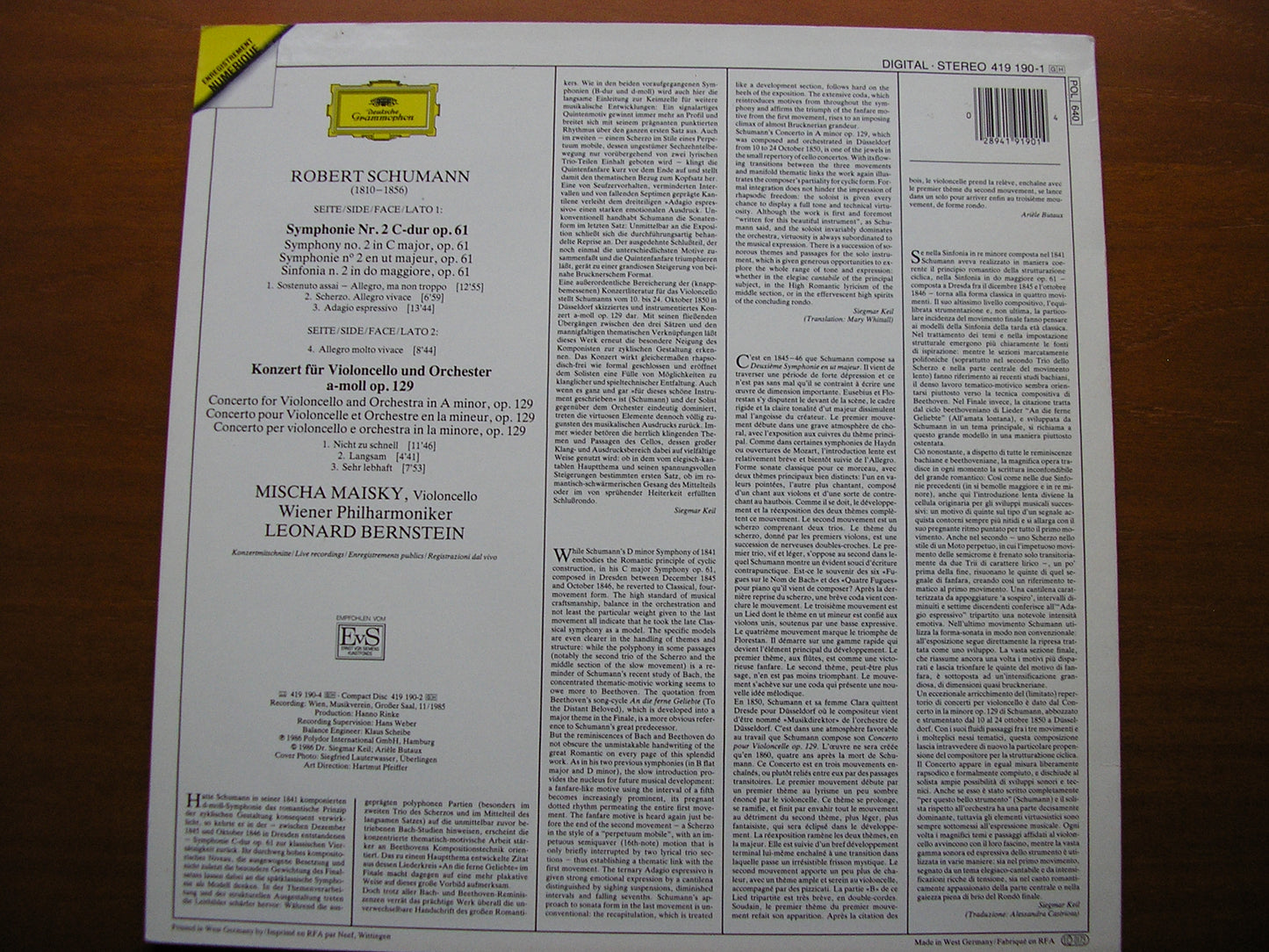 SCHUMANN: CELLO CONCERTO / SYMPHONY No. 2    MAISKY / VIENNA PHILHARMONIC / BERNSTEIN    419 190
