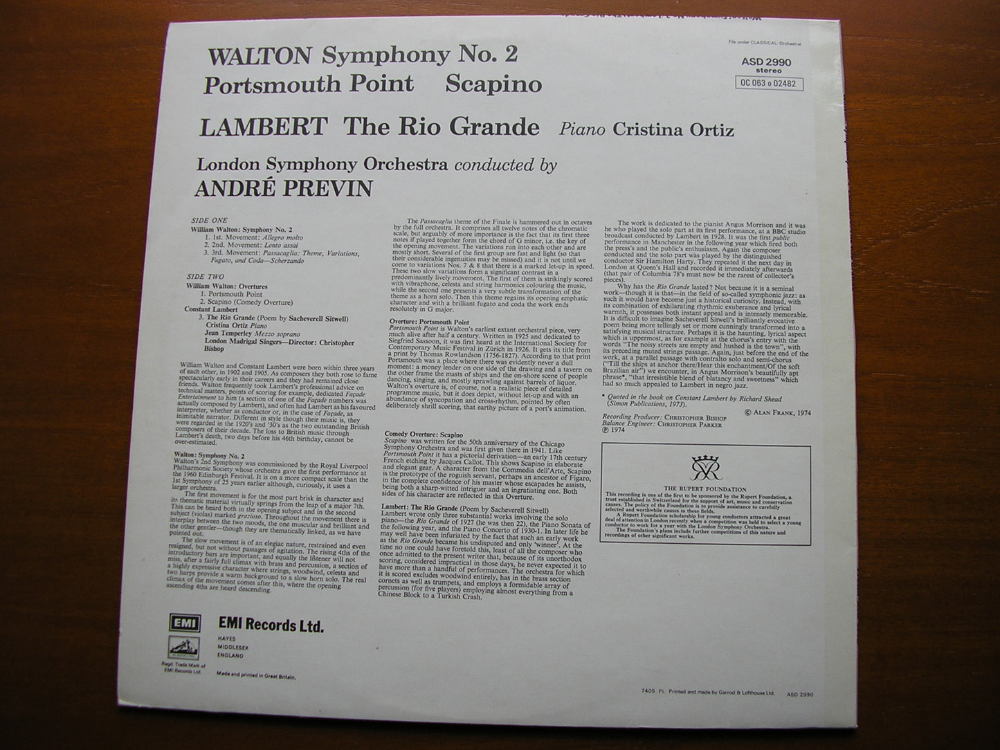 WALTON: SYMPHONY No. 2 / PORTSMOUTH POINT / SCAPINO   SOLOISTS / PREVIN / LONDON SYMPHONY  ASD 2990