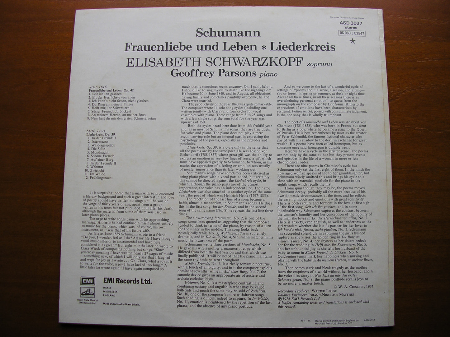 SCHUMANN: FRAUENLIEBE UND LEBEN / LIEDERKREIS Op. 24   SCHWARZKOPF / PARSONS    ASD 3037