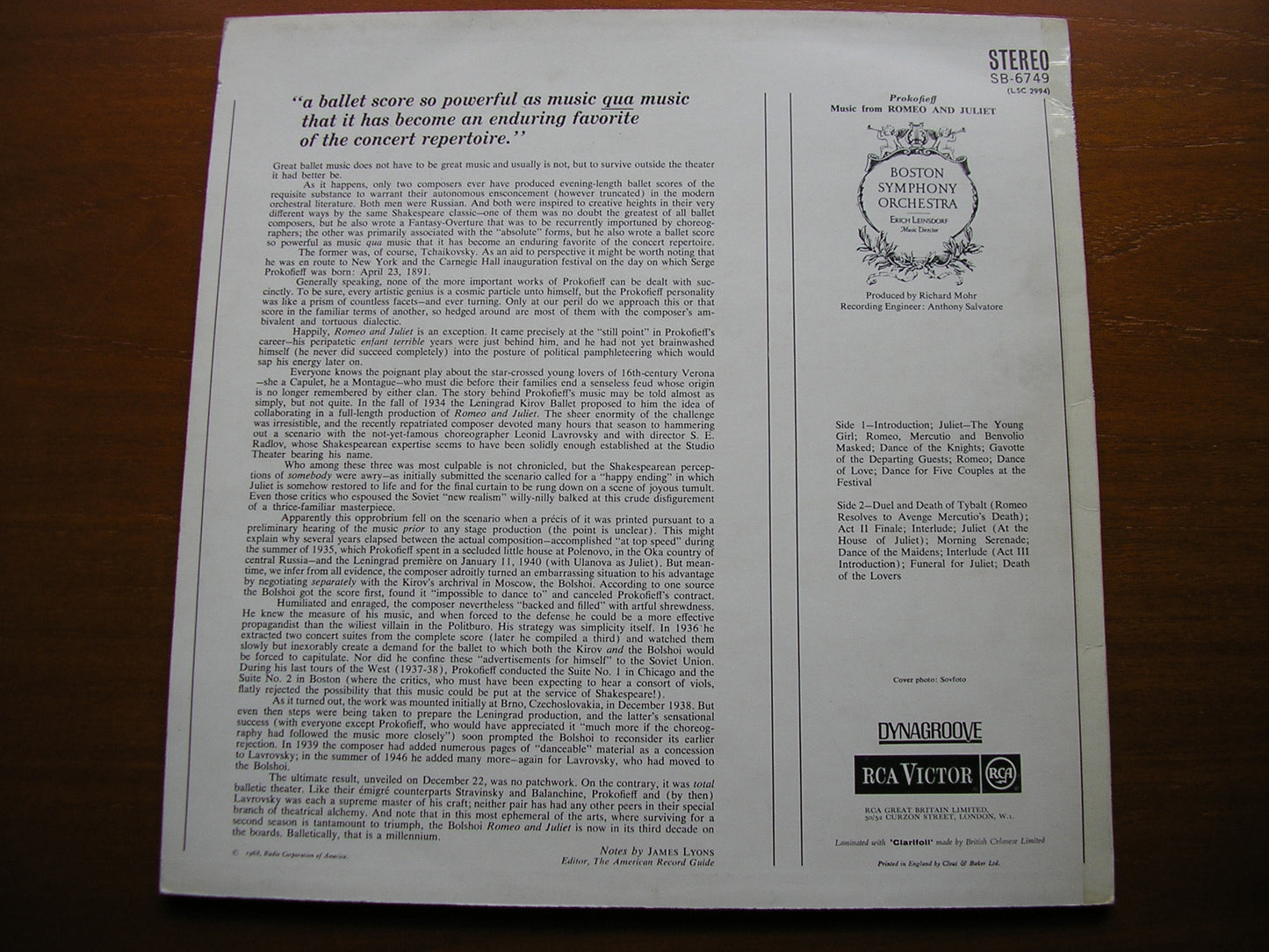 PROKOFIEV: ROMEO & JULIET  Excerpts   LEINSDORF / BOSTON SYMPHONY   SB 6749