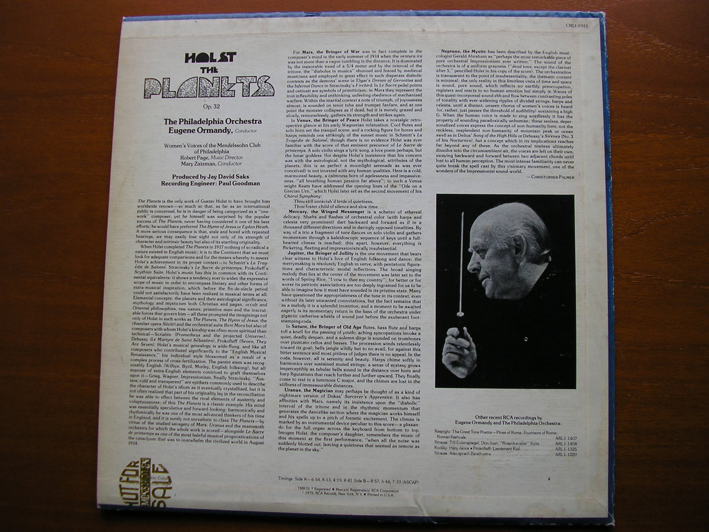 HOLST: THE PLANETS    ORMANDY / PHILADELPHIA ORCHESTRA   CRLI - 1921