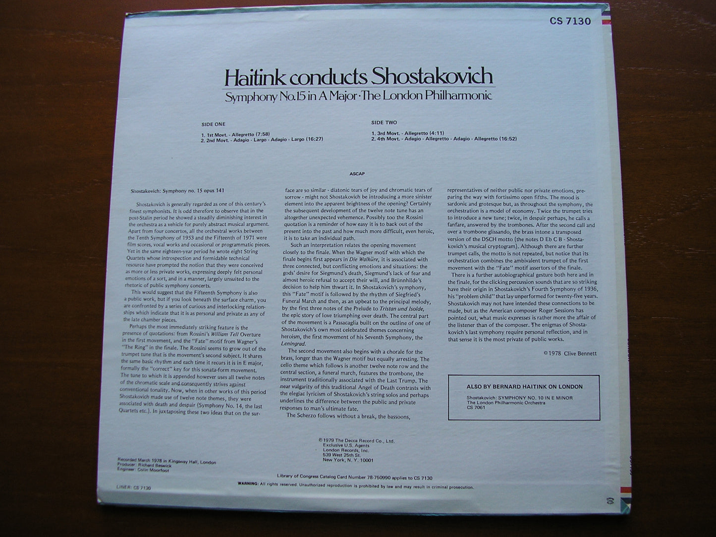 SHOSTAKOVICH: SYMPHONY No. 15   HAITINK / LONDON PHILHARMONIC  CS 7130