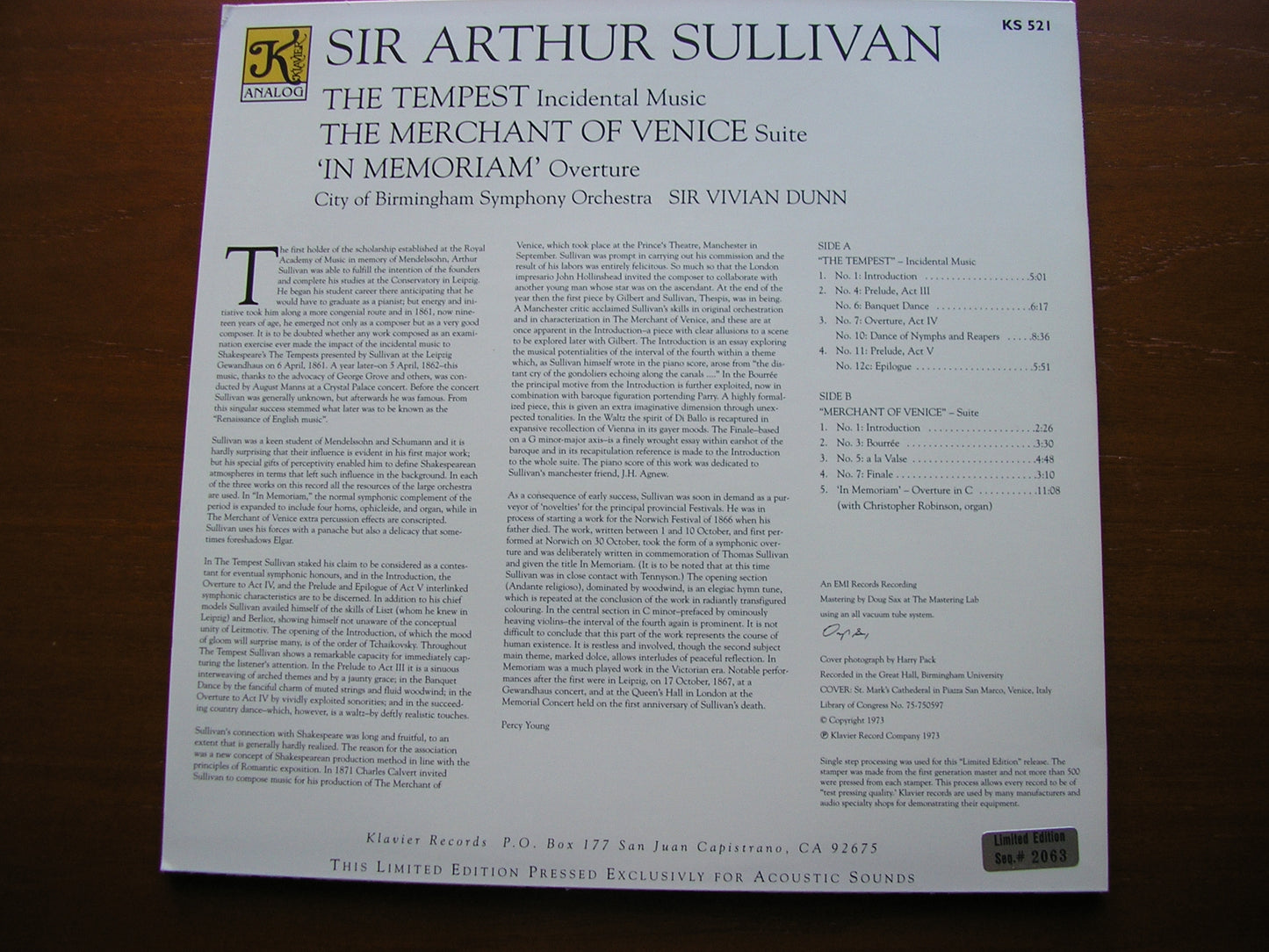 SULLIVAN: THE MERCHANT OF VENICE / THE TEMPEST / IN MEMORIAM   DUNN / CITY OF BIRMINGHAM SYMPHONY   KS 521