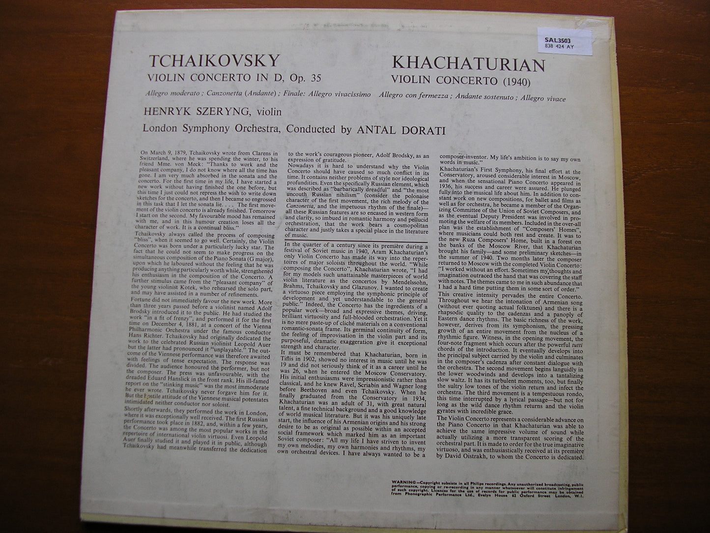 TCHAIKOVSKY & KHACHATURIAN: VIOLIN CONCERTOS    SZERYNG / LONDON SYMPHONY / ANTAL DORATI   SAL 3503