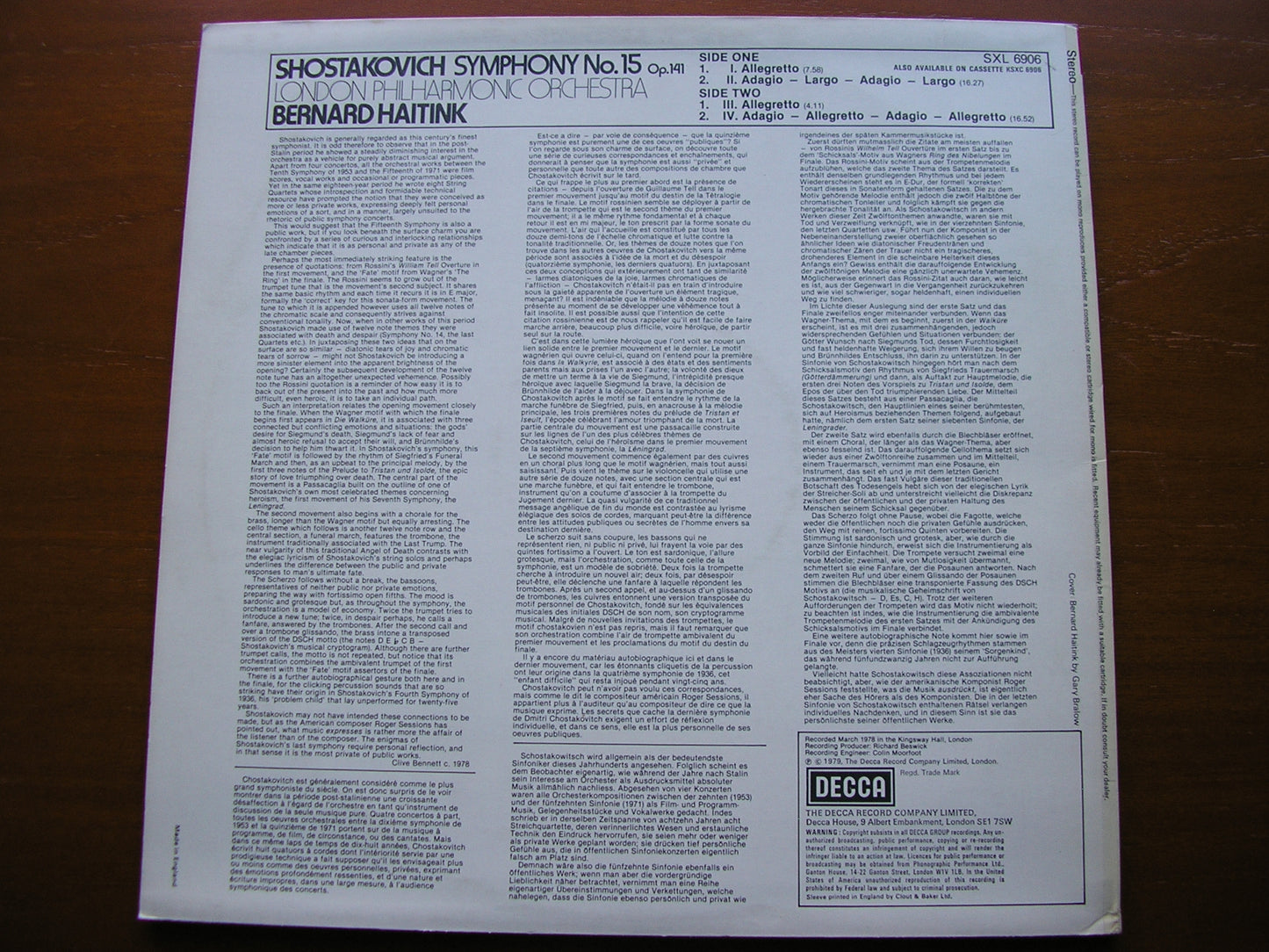 SHOSTAKOVICH: SYMPHONY No. 15    HAITINK / LONDON PHILHARMONIC   SXL 6906