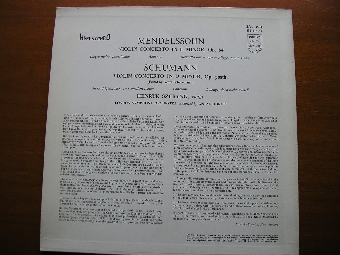 MENDELSSOHN & SCHUMANN: VIOLIN CONCERTOS    SZERYNG / LONDON SYMPHONY / ANTAL DORATI    SAL 3504