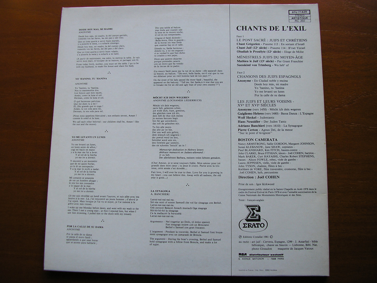 CHANTS DE L'EXIL: JEWISH MUSICIANS IN EUROPE 1200 - 1600    COHEN / BOSTON CAMERATA   STU 71429