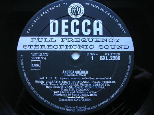 GIORDANO: ANDREA CHENIER    DEL MONACO / TEBALDI / BASTIANINI / ASCR / GAVAZZENI    SXL 2208 / 10