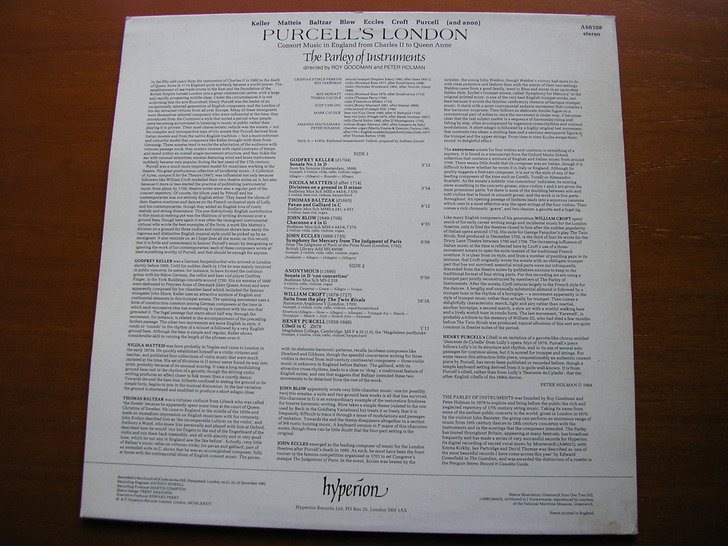 PURCELL'S LONDON: MUSIC BY CROFT / PURCELL / BLOW / ECCLES / KELLER / MATTEIS     THE PARLEY OF INSTRUMENTS / GOODMAN   A66108