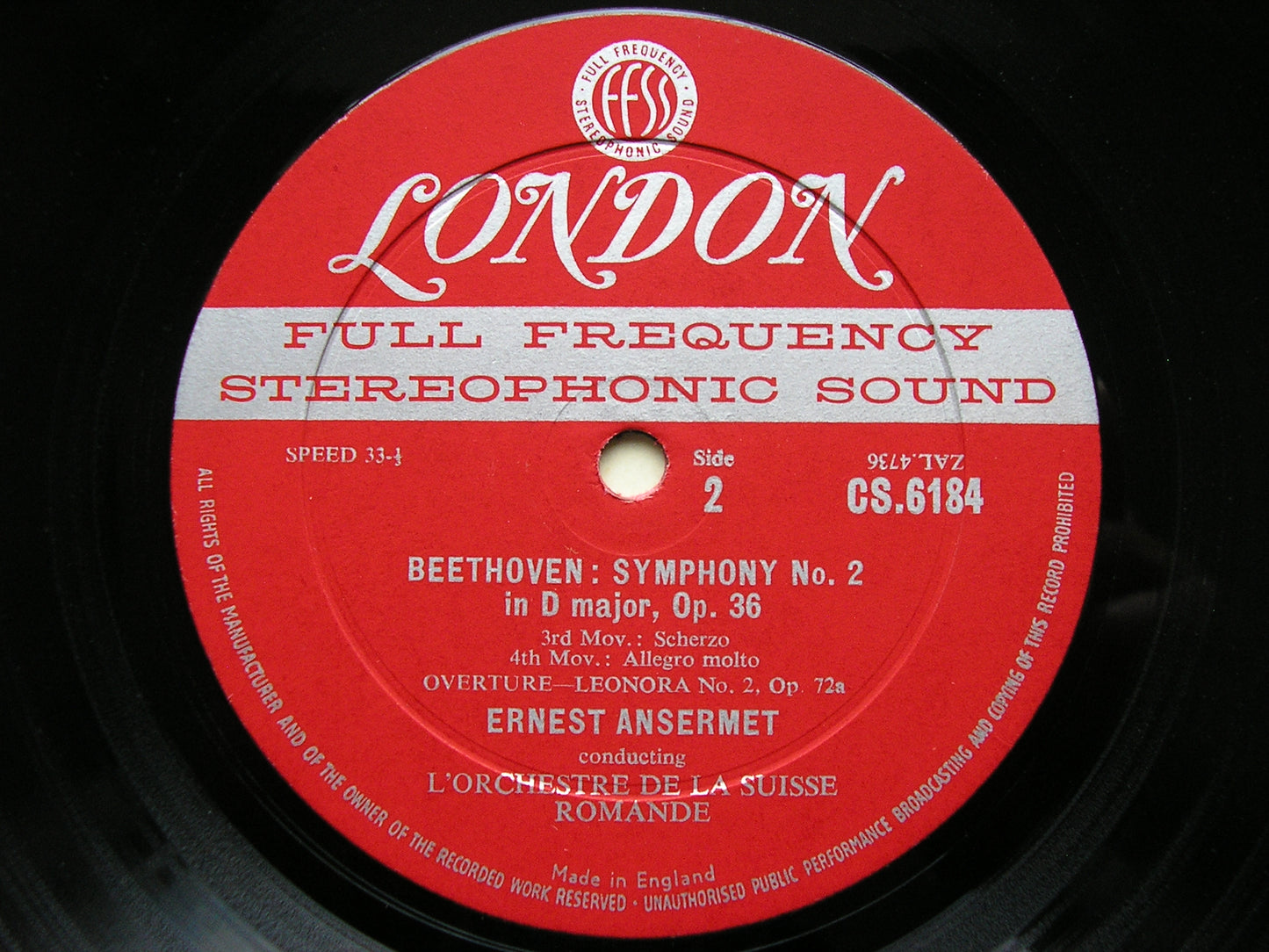 BEETHOVEN: SYMPHONY No. 2 / LEONORA No. 2    ANSERMET / SUISSE ROMANDE   CS 6184