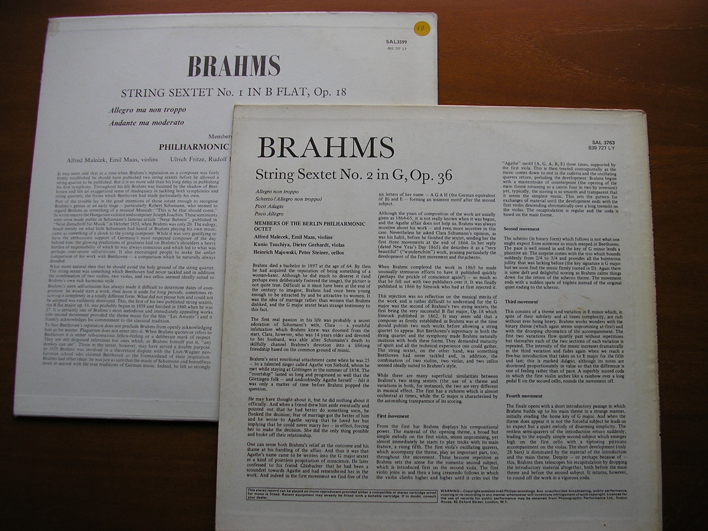 BRAHMS: THE STRING SEXTETS   MEMBERS OF THE BERLIN PHILHARMONIC OCTET   2LP SET   SAL 3599 / SAL 3763