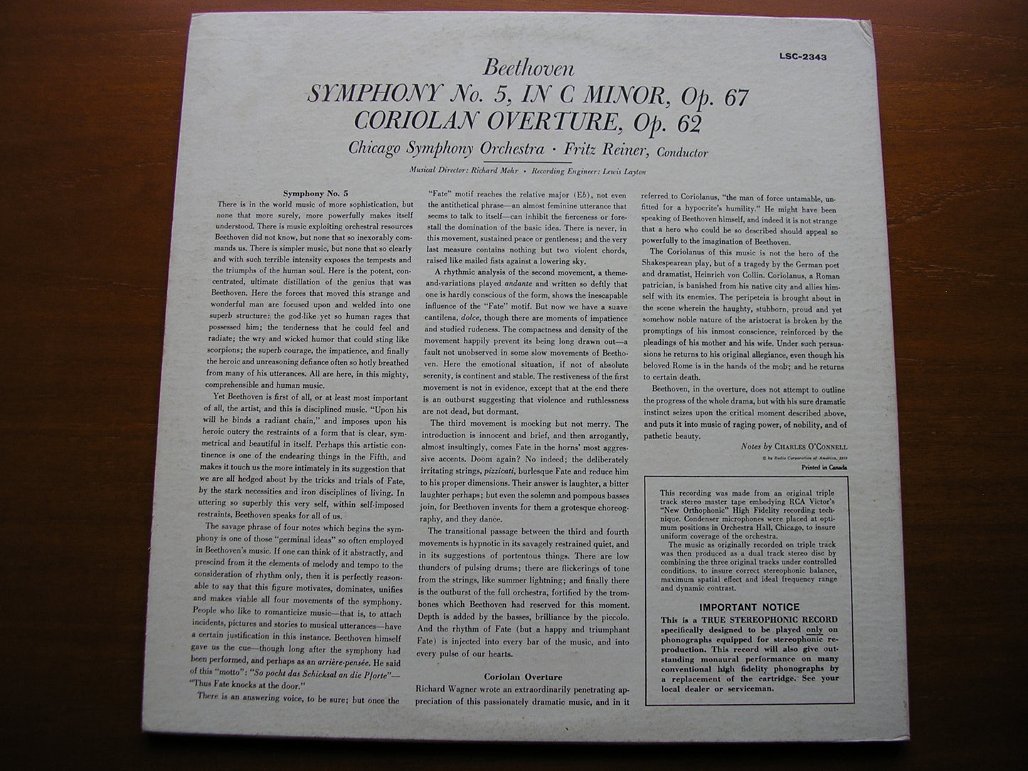 BEETHOVEN: SYMPHONY No. 5 / OVERTURE: Coriolan    REINER / CHICAGO SYMPHONY   LSC 2343