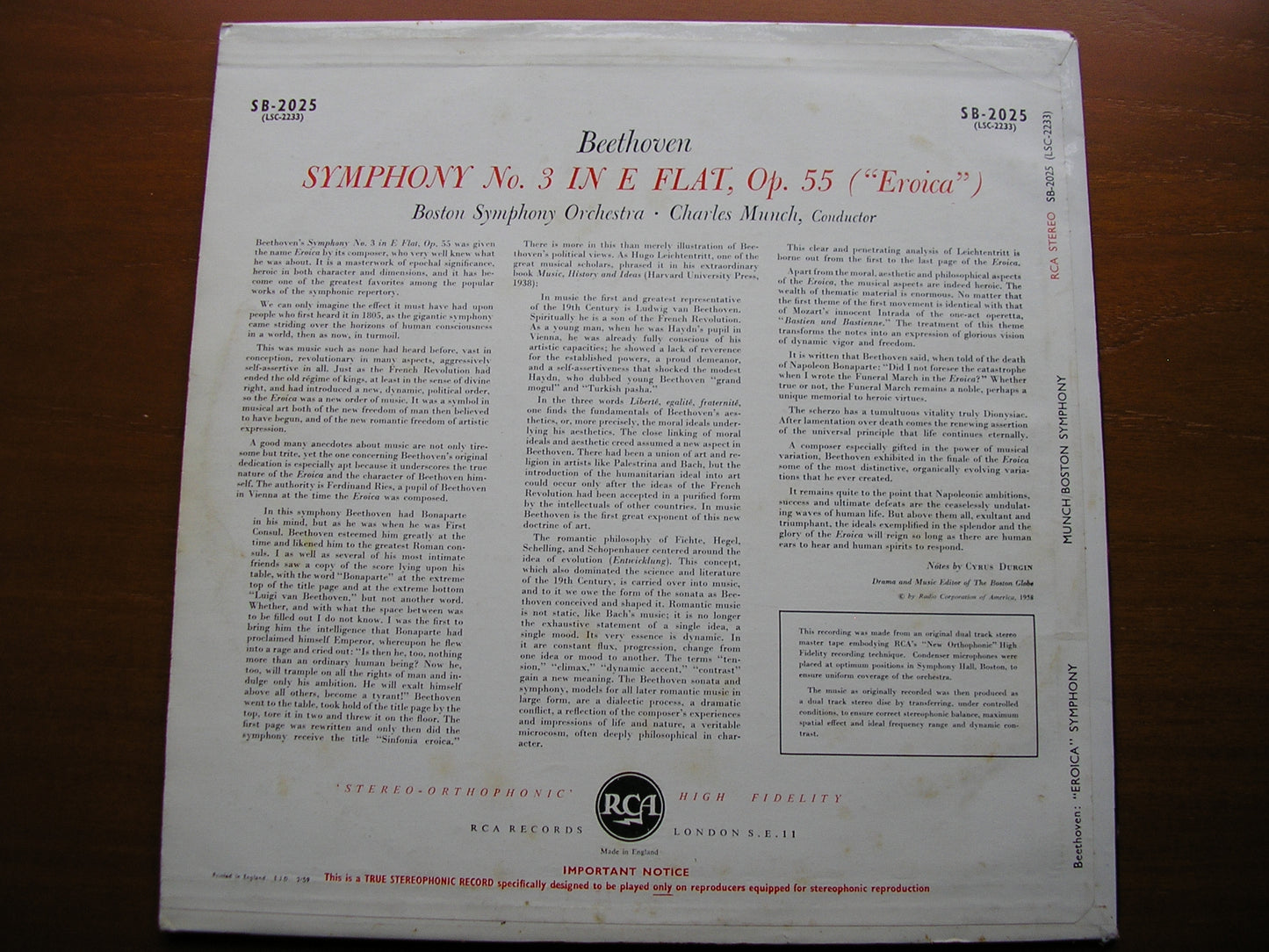 BEETHOVEN: SYMPHONY No. 3 'Eroica'    MUNCH / BOSTON SYMPHONY    SB 2025