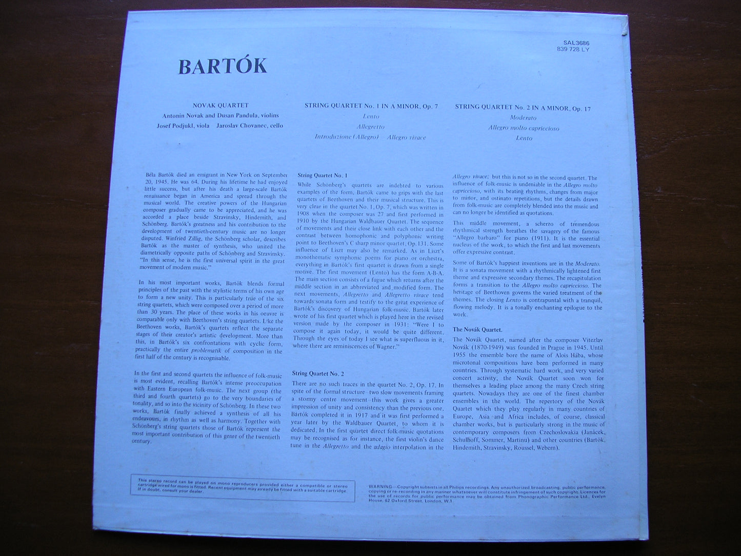 BARTOK: STRING QUARTETS Nos. 1 & 2    NOVAK QUARTET     SAL 3686