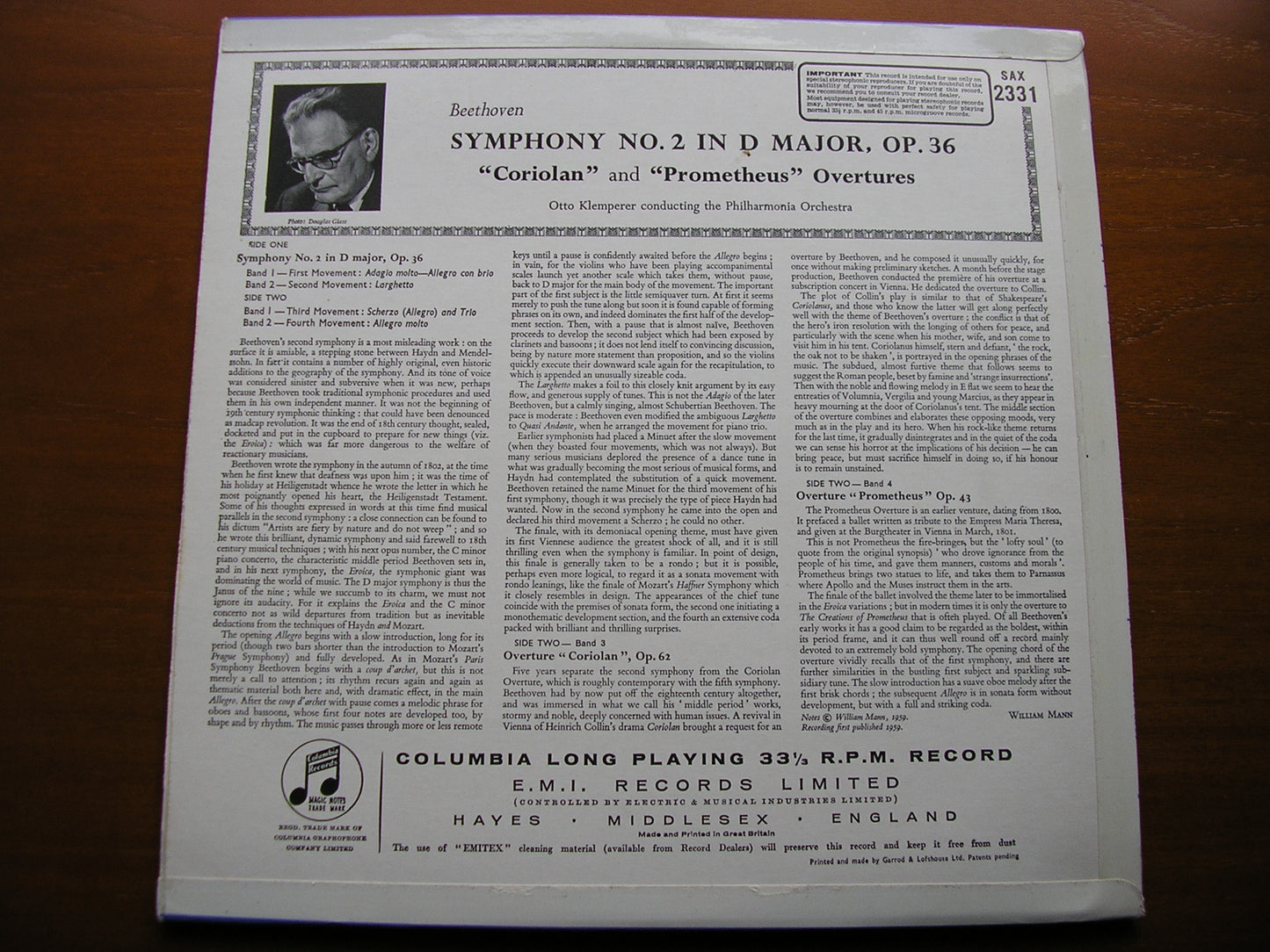 SAX 2331  BEETHOVEN: SYMPHONY No. 2 / OVERTURES Coriolan / Prometheus      KLEMPERER / PHILHARMON1A
