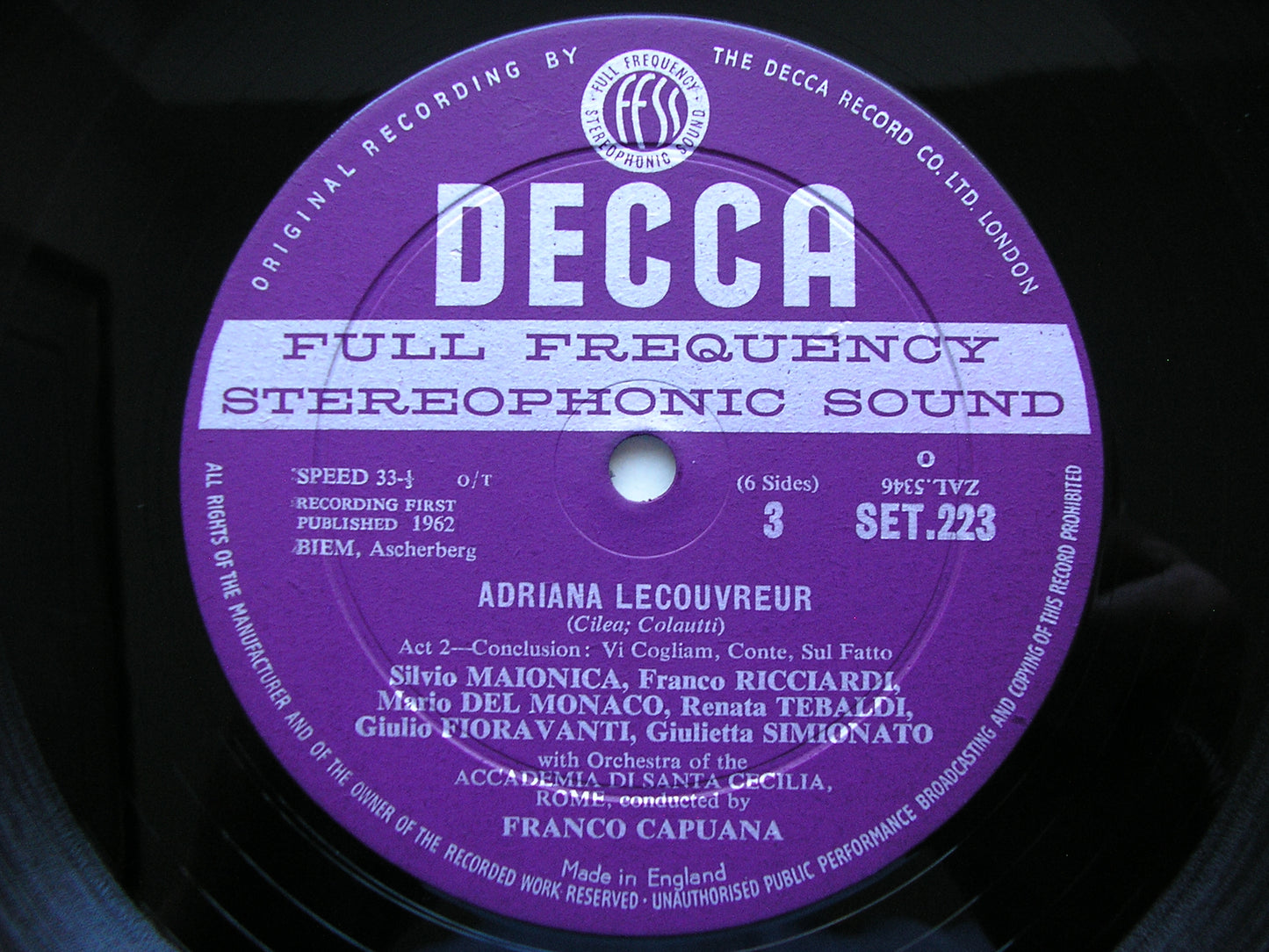 CILEA: ADRIANA LECOUVREUR   TEBALDI / DEL MONACO / SIMIONATO / FIORAVANTI / ADSCR / CAPUANA    SET 221 - 3