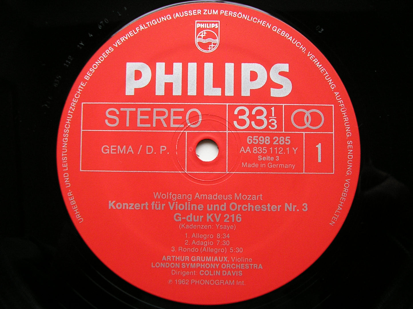 MOZART: THE VIOLIN CONCERTOS / SINFONIA CONCERTANTE K364   GRUMIAUX / PELLICCIA / LONDON SYMPHONY / DAVIS   3 LP   6747 308