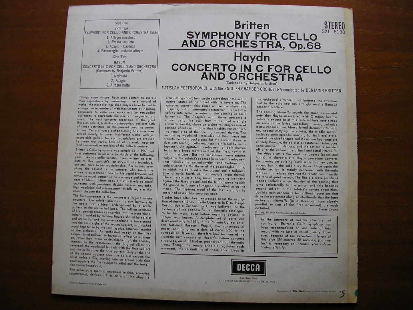 HAYDN: CELLO CONCERTO / BRITTEN: CELLO SYMPHONY ROSTROPOVICH / ECO / BRITTEN SXL 6138