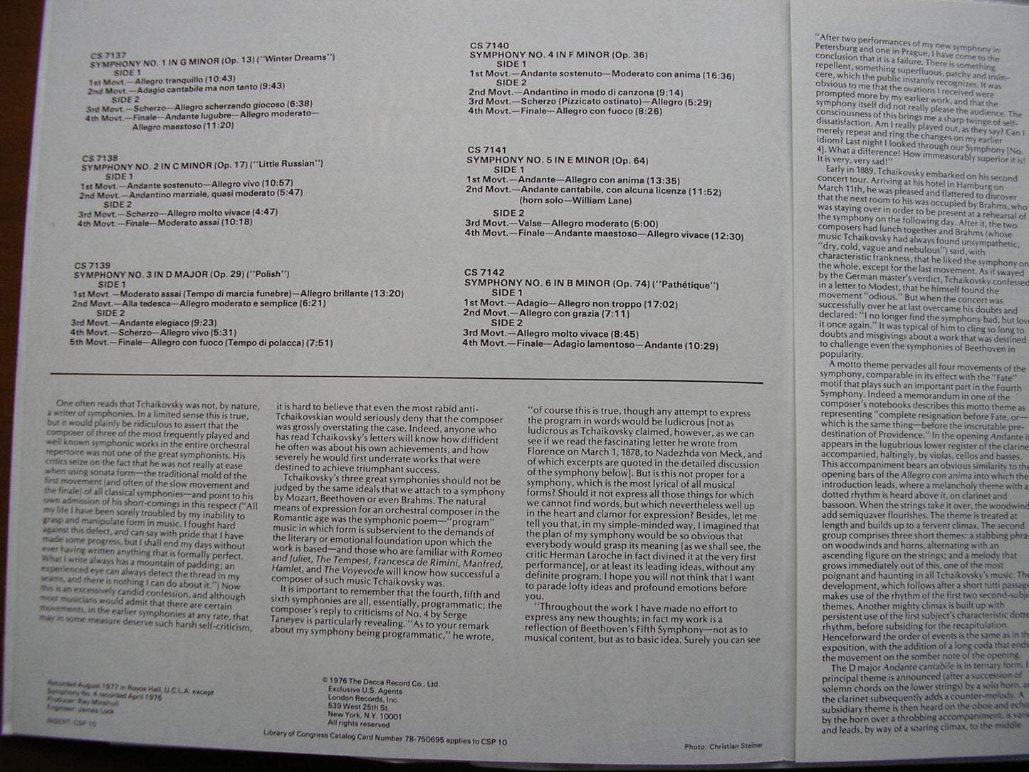 TCHAIKOVSKY: SIX SYMPHONIES   ZUBIN MEHTA / LOS ANGELES PHILHARMONIC    CSP 10