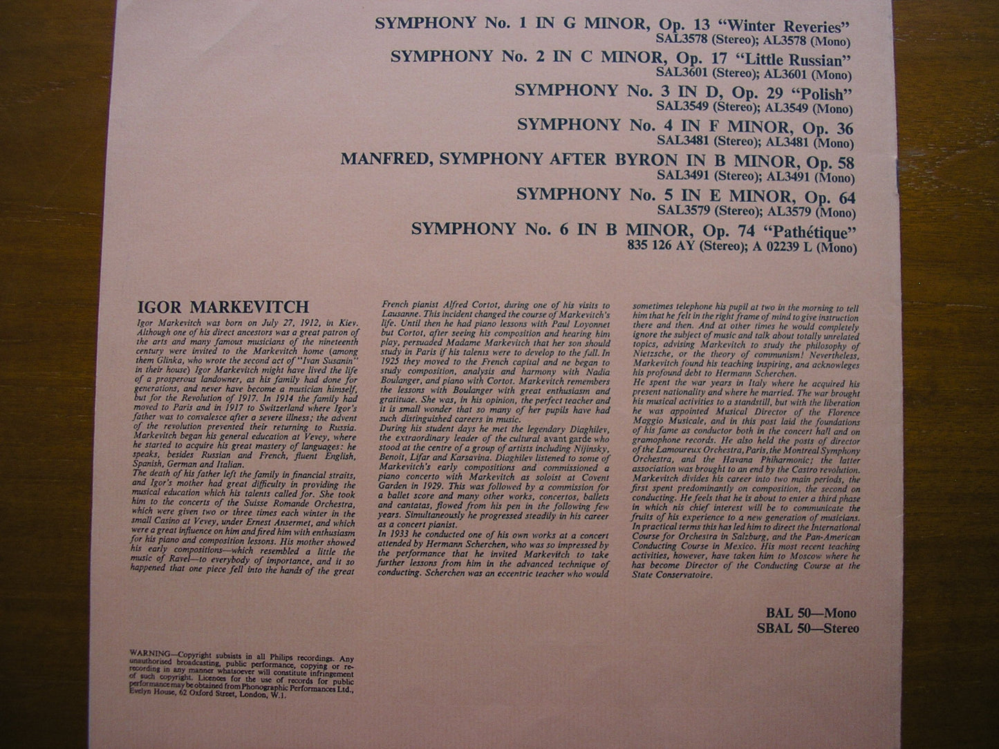 TCHAIKOVSKY: THE COMPLETE SYMPHONIES    MARKEVITCH / LONDON SYMPHONY  SBAL 50