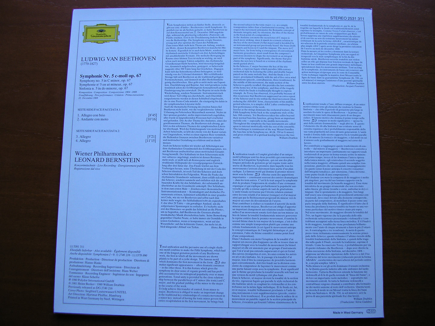 BEETHOVEN: SYMPHONY No. 5    BERNSTEIN / VIENNA PHILHARMONIC   2531 311