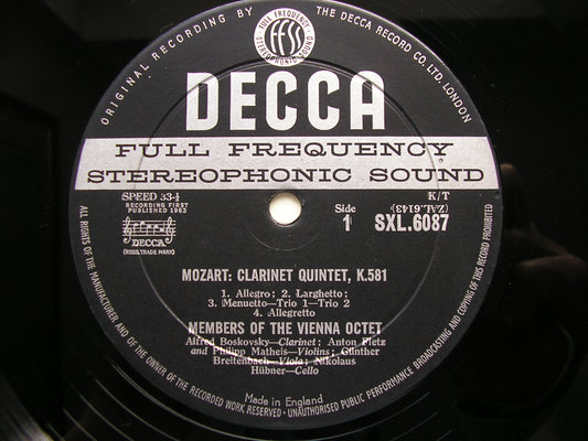 MOZART: CLARINET QUINTET K581 / DIVERTIMENTO K247 ALFRED BOSKOVSKY / VIENNA OCTET SXL 6087