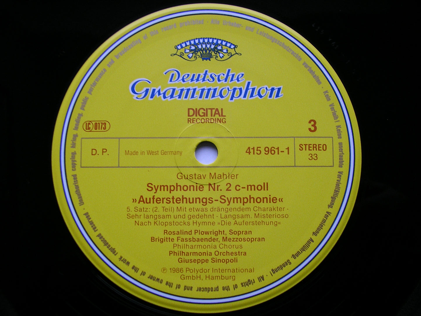 MAHLER: SYMPHONY No. 2 / LIEDER EINES FAHRENDEN GESELLEN  SOLOISTS / PHILHARMONIA / SINOPOLI   2 LP  415 959