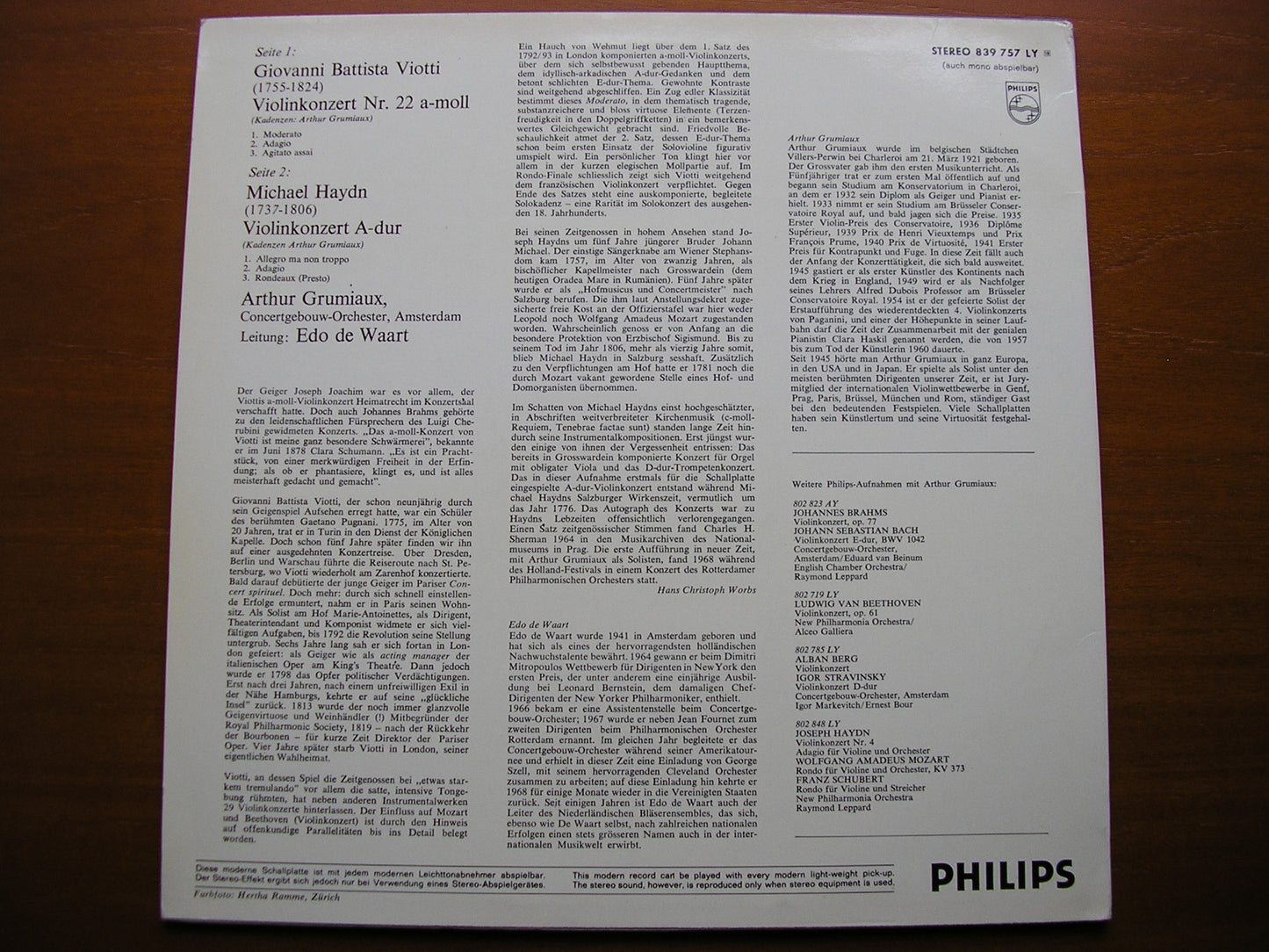 VIOTTI: VIOLIN CONCERTO No. 22 / HAYDN: VIOLIN CONCERTO in A    GRUMIAUX / COA / DE WAART   839 757 LY