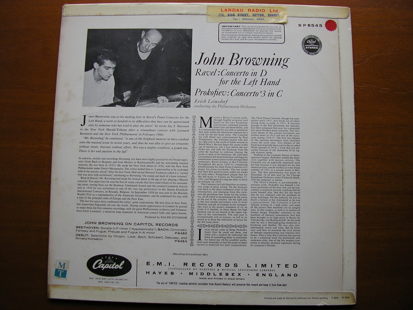 RAVEL: CONCERTO FOR THE LEFT HAND / PROKOFIEV: CONCERTO No. 3     BROWNING / PHILHARMONIA / LEINSDORF   SP 8545