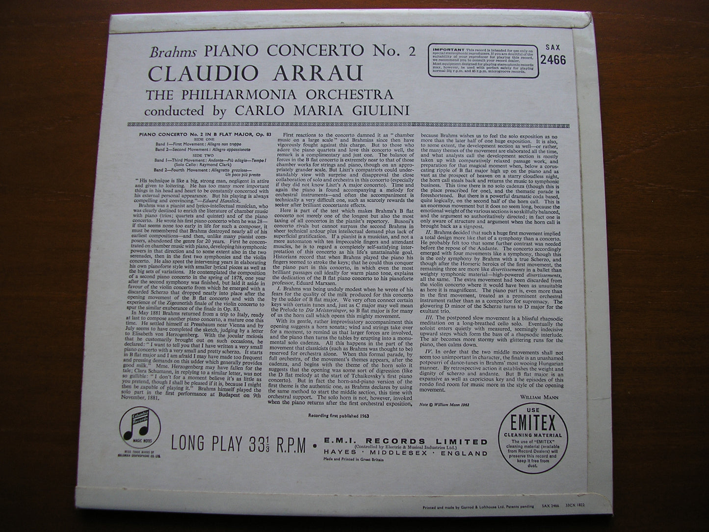 SAX 2466  BRAHMS: PIANO CONCERTO No. 2    ARRAU / PHILHARMONIA / GIULINI