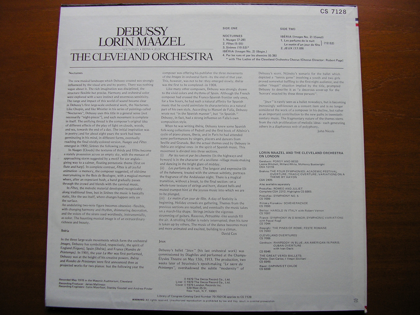 DEBUSSY: NOCTURNES / IBERIA / JEUX    LORIN MAAZEL / CLEVELAND ORCHESTRA    CS 7128