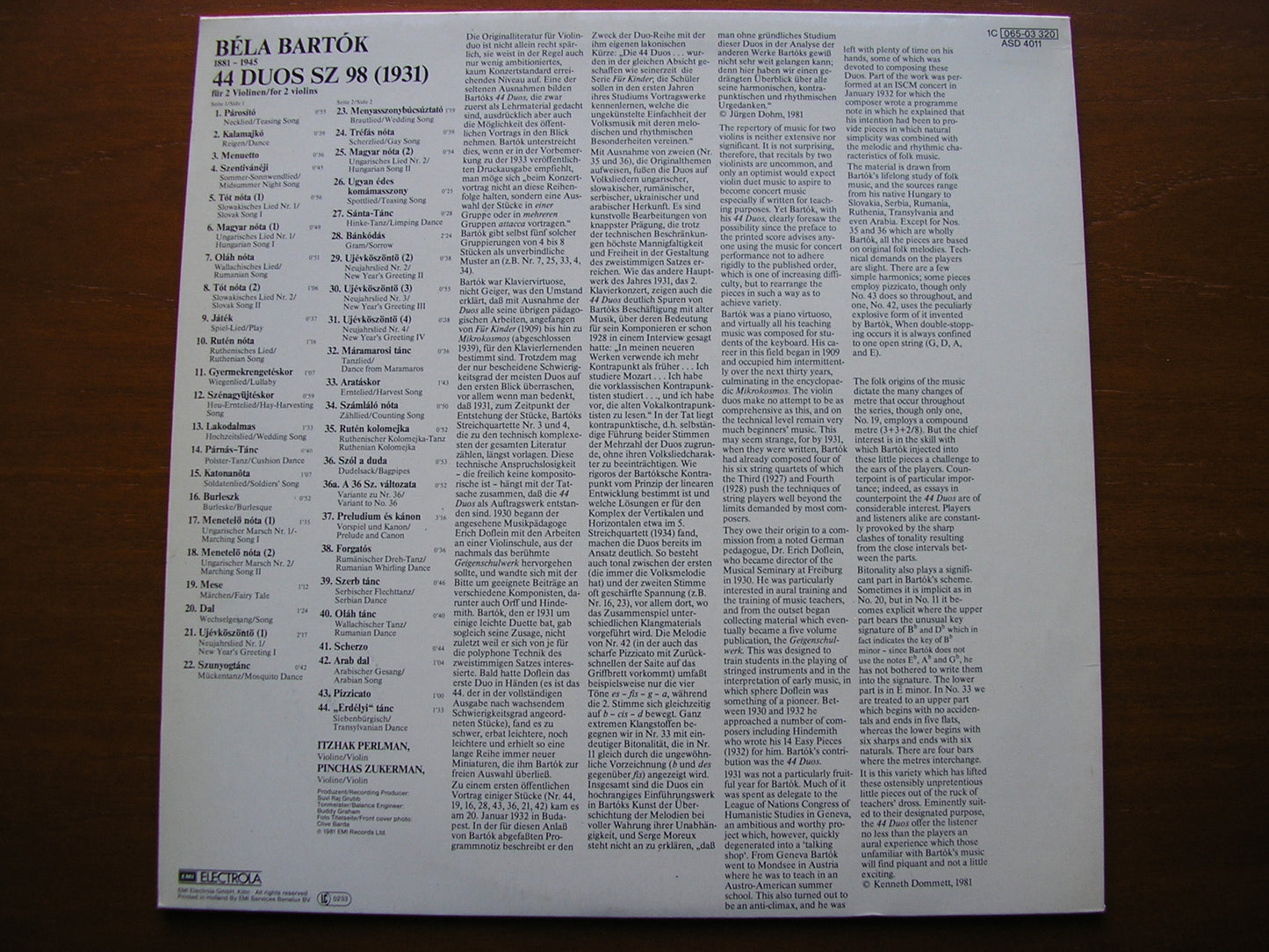 BARTOK: 44 DUOS FOR TWO VIOLINS ITZHAK PERLMAN / PINCHAS ZUKERMAN ASD 4011