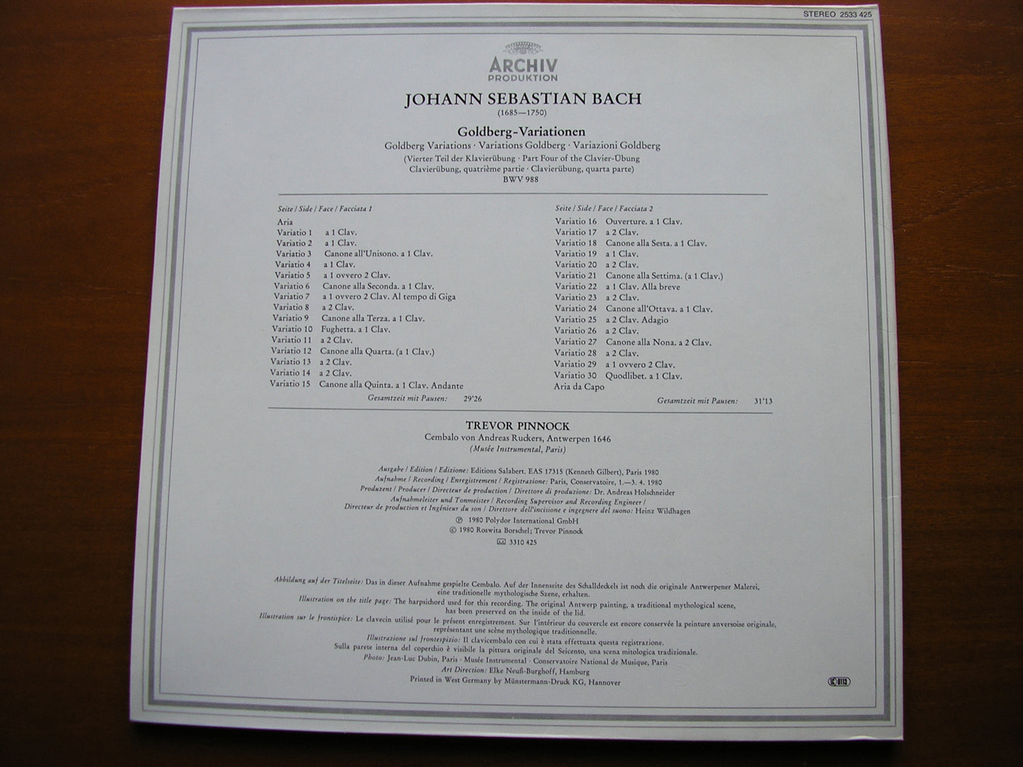 BACH: GOLDBERG VARIATIONS TREVOR PINNOCK 2533 425