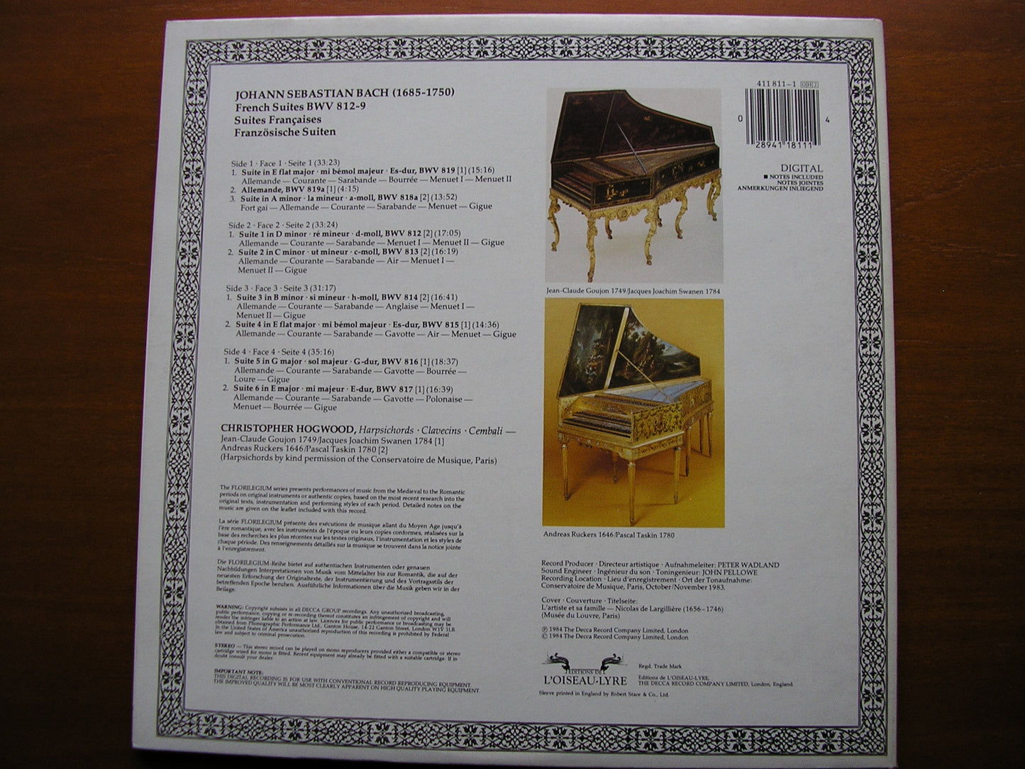 BACH: FRENCH SUITES BWV 812 - 819   CHRISTOPHER HOGWOOD   2 LP    411 811