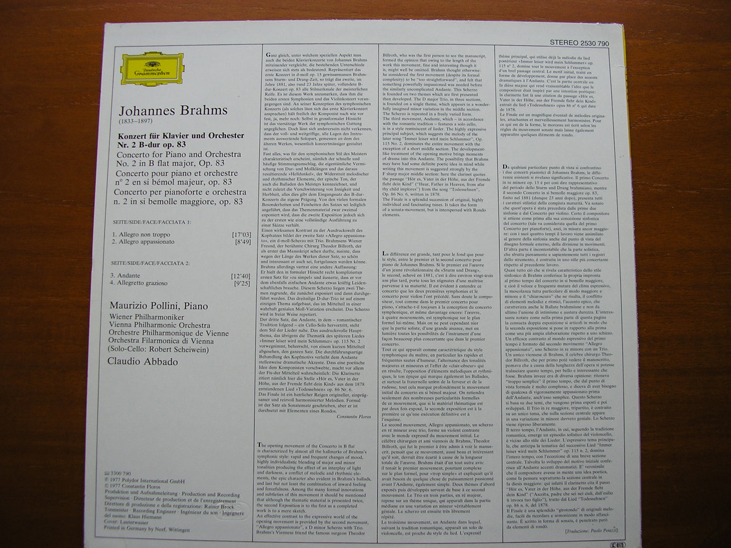 BRAHMS: PIANO CONCERTO No. 2   POLLINI / VIENNA PHILHARMONIC / ABBADO   2530 790