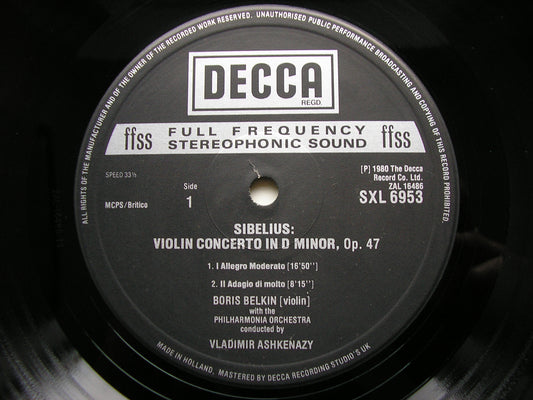 SIBELIUS: VIOLIN CONCERTO / TWO SERENADES / TWO SERIOUS MELODIES    BELKIN / PHILHARMONIA ORCHESTRA / ASHKENAZY    SXL 6953
