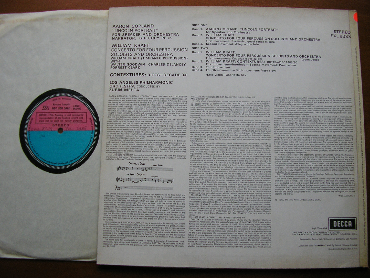 COPLAND: LINCOLN PORTRAIT / KRAFT: CONTEXTURES / CONCERTO   PECK / LOS ANGELES PHILHARMONIC / ZUBIN MEHTA    SXL 6388