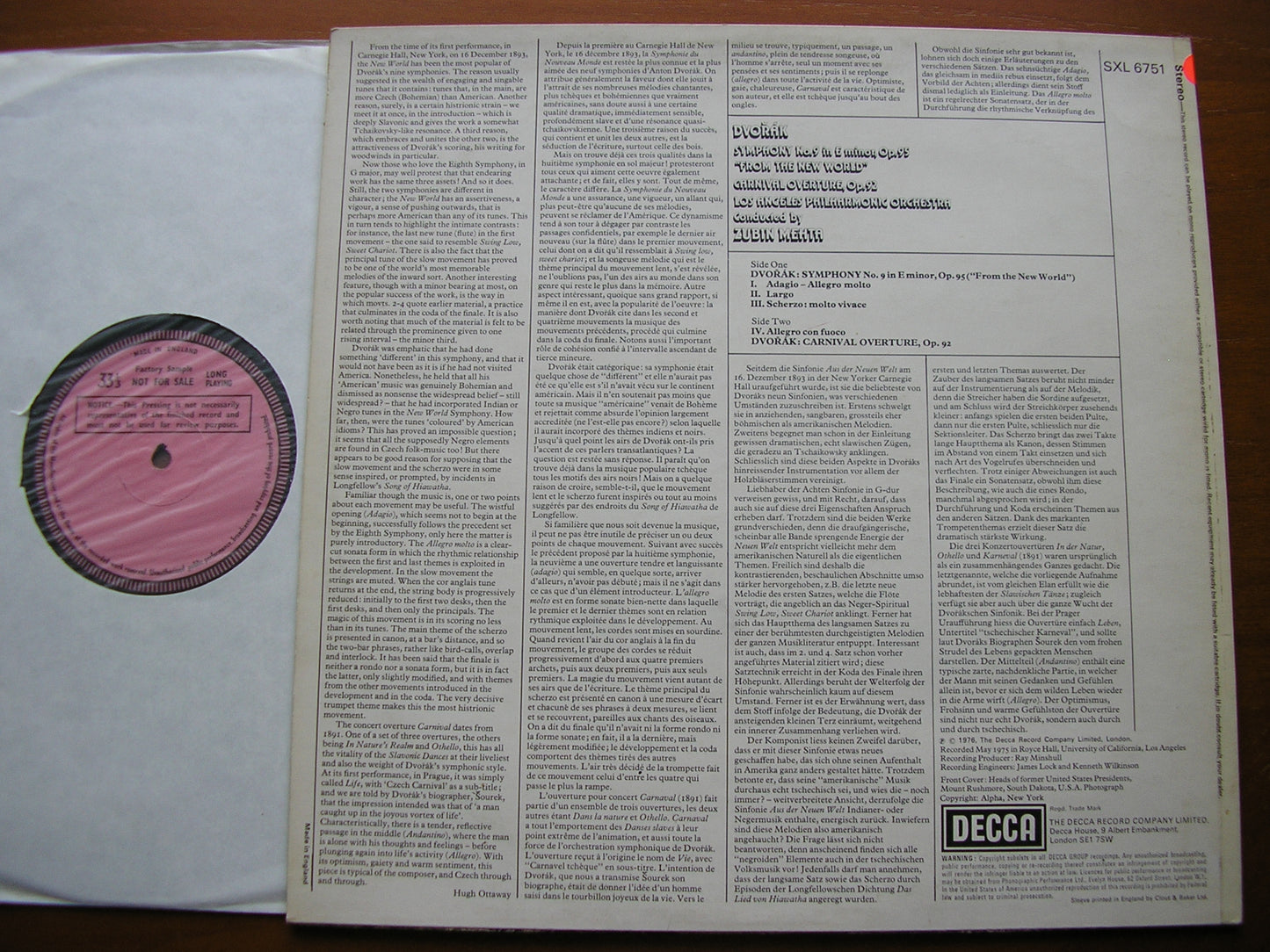 DVORAK: SYMPHONY No. 9 / CARNIVAL OVERTURE    ZUBIN MEHTA / LOS ANGELES PHILHARMONIC    SXL 6751