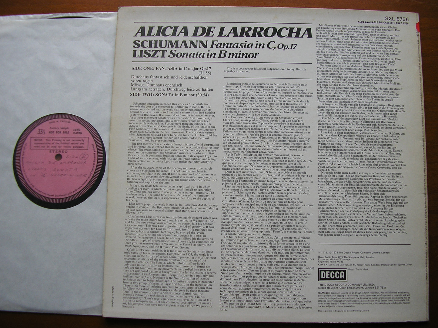 SCHUMANN: FANTASIA in C / LISZT: SONATA in B    ALICIA DE LARROCHA      SXL 6756
