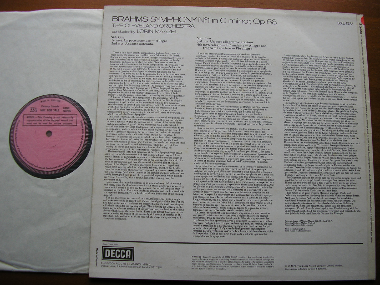 BRAHMS: SYMPHONY No.1    MAAZEL / CLEVELAND ORCHESTRA    SXL 6783