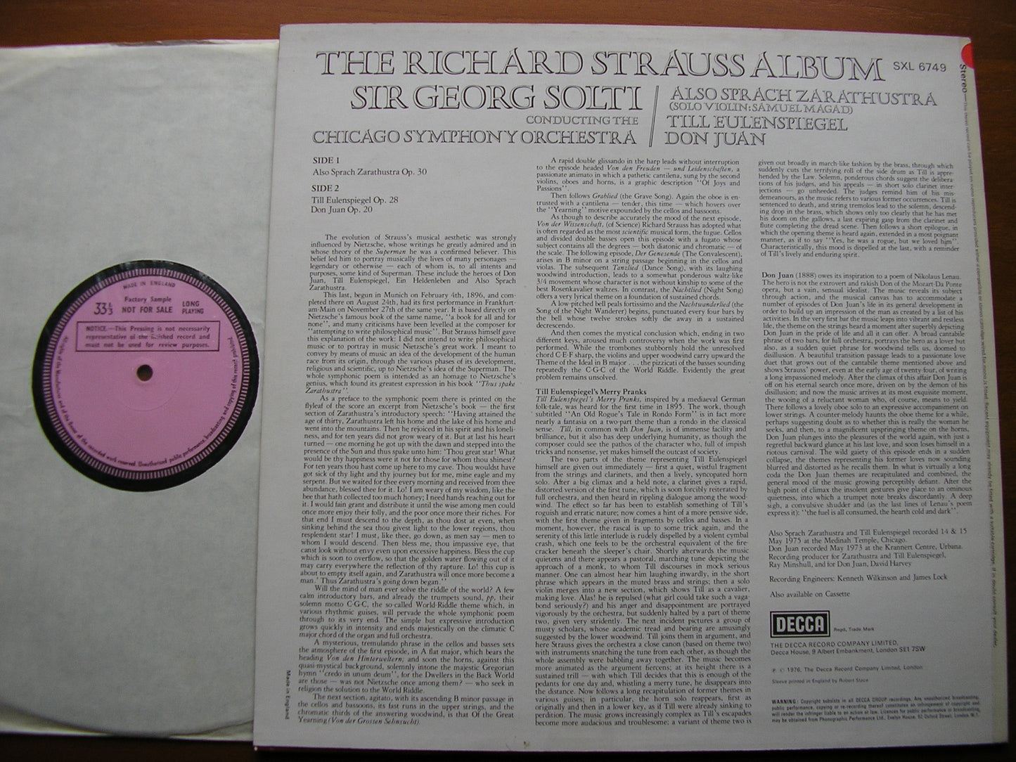 STRAUSS: ALSO SPRACH ZARATHUSTRA / TILL EULENSPIEGEL / DON JUAN    CHICAGO SYMPHONY ORCHESTRA / SOLTI      SXL 6749