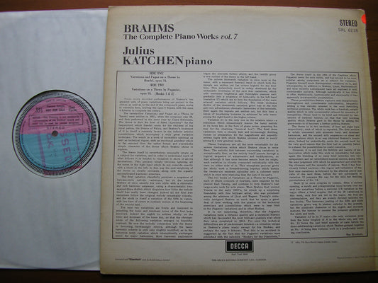 BRAHMS: HANDEL VARIATIONS Op. 24 / PAGANINI VARIATIONS Op. 35    JULIUS KATCHEN   SXL 6218