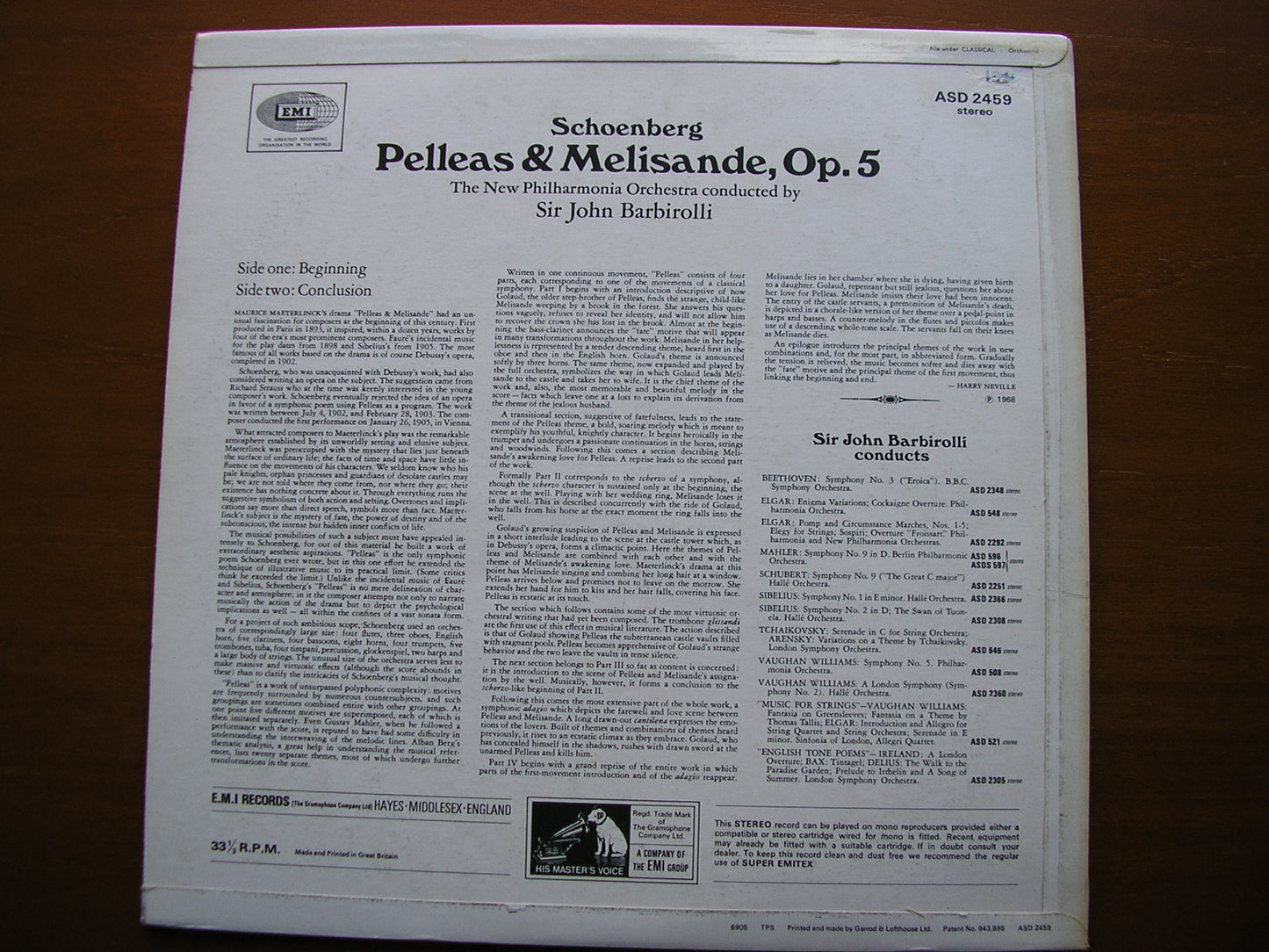 SCHOENBERG: PELLEAS & MELISANDE    SIR JOHN BARBIROLLI / NEW PHILHARMONIA    ASD 2459