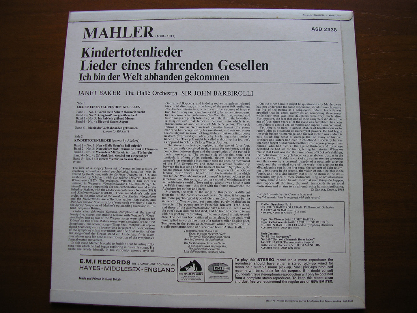 MAHLER: LIEDER EINES FAHRENDEN GESELLEN / KINDERTOTENLIEDER   JANET BAKER / HALLE ORCHESTRA / BARBIROLLI    ASD 2338