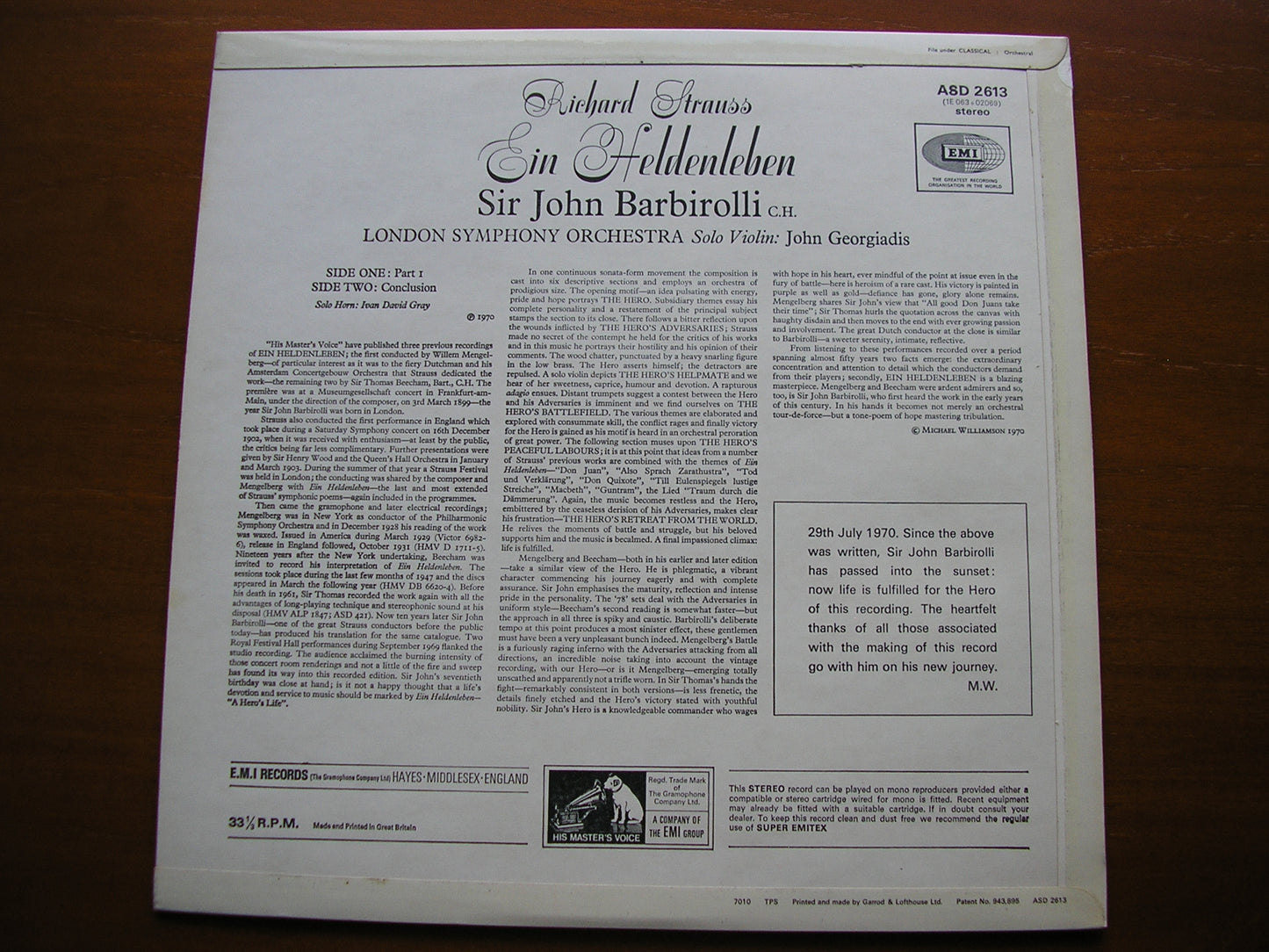 STRAUSS: EIN HELDENLEBEN    BARBIROLLI / LONDON SYMPHONY    ASD 2613
