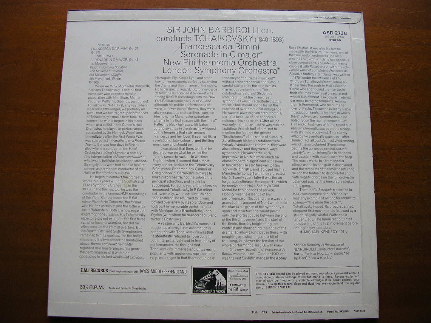TCHAIKOVSKY: SERENADE FOR STRINGS / FRANCESCA DA RIMINI     NEW PHILHARMONIA / LONDON SYMPHONY   BARBIROLLI     ASD 2738