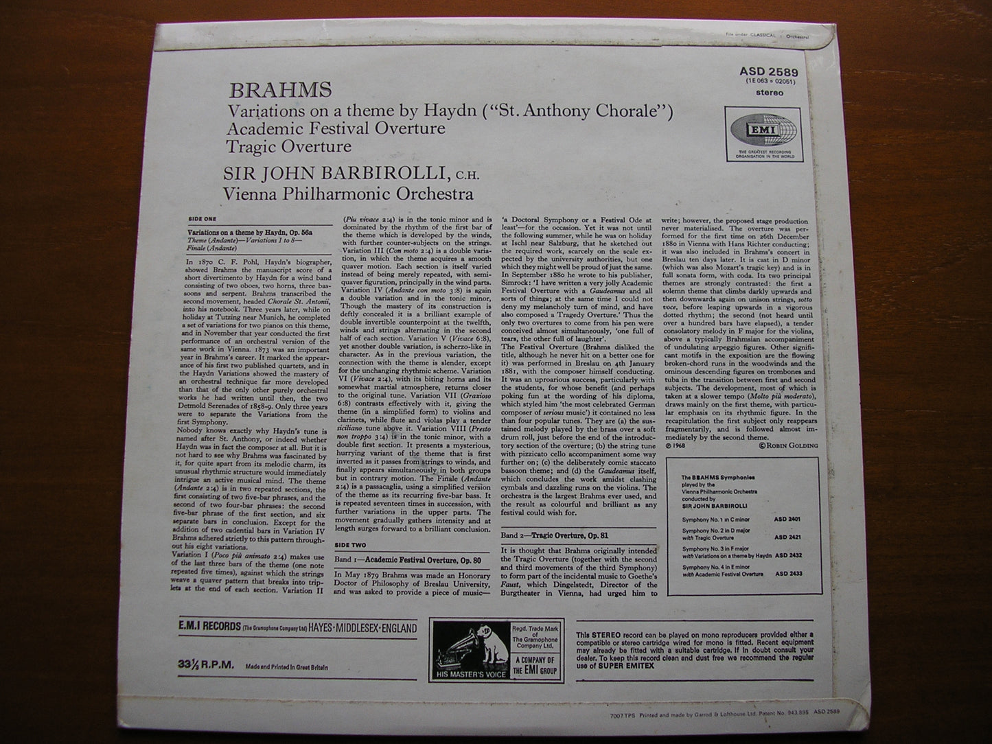 BRAHMS: HAYDN VARIATIONS / ACADEMIC FESTIVAL / TRAGIC OVERTURES    VIENNA PHILHARMONIC / BARBIROLLI    ASD 2589